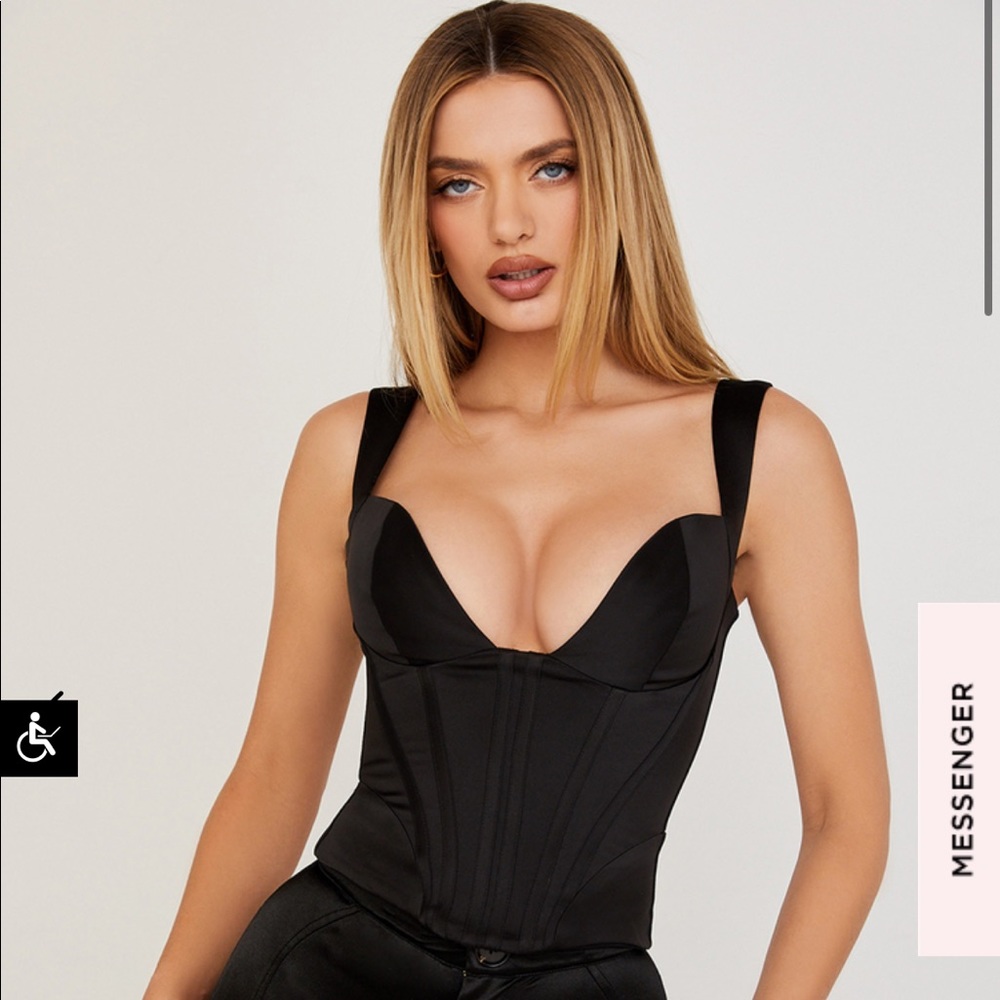 HOUSE OF CB LIBERTY BLACK SATIN CORSET IN SIZE SMALL & BIGGER CUP
